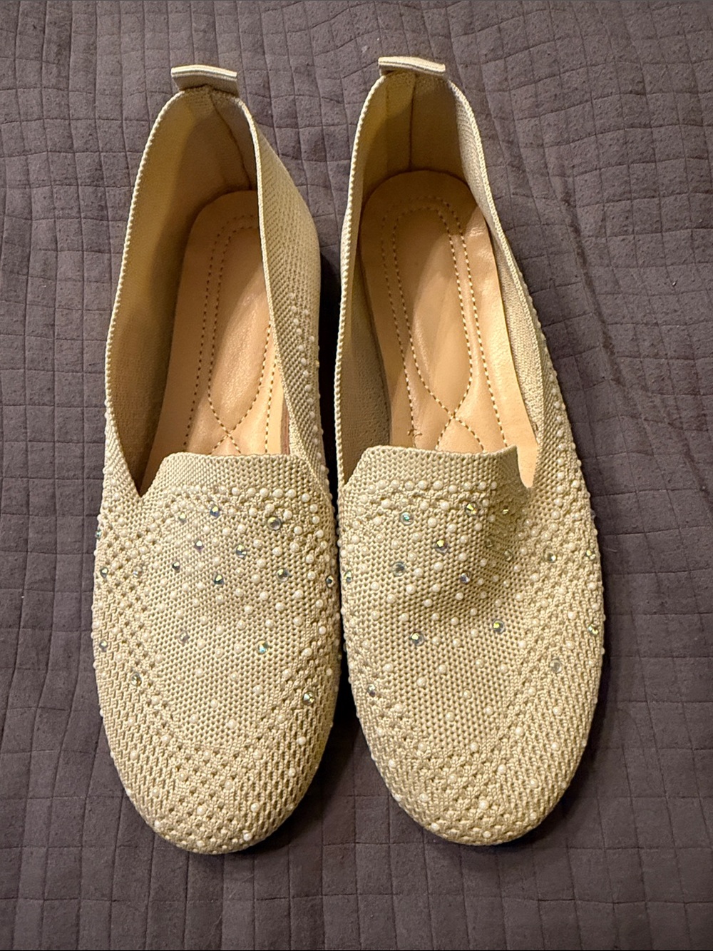 Women's Cream Knit Slip-On Flats with Decorative Beading